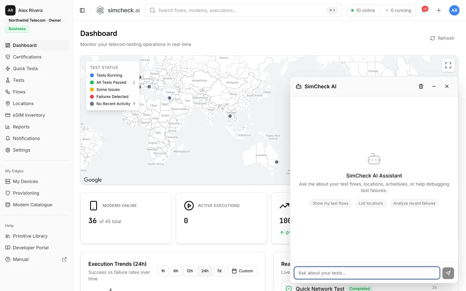 SimCheck AI assistant panel open in the console, with suggested prompts for showing test flows, listing locations and analyzing recent failures