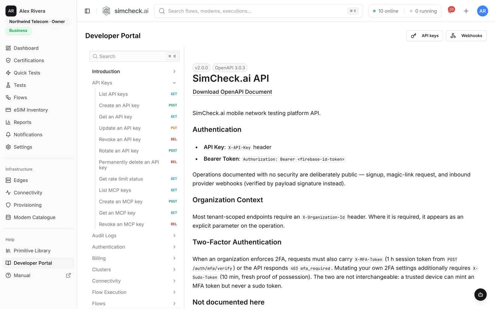 SimCheck.ai developer portal with API keys, webhooks and REST API documentation