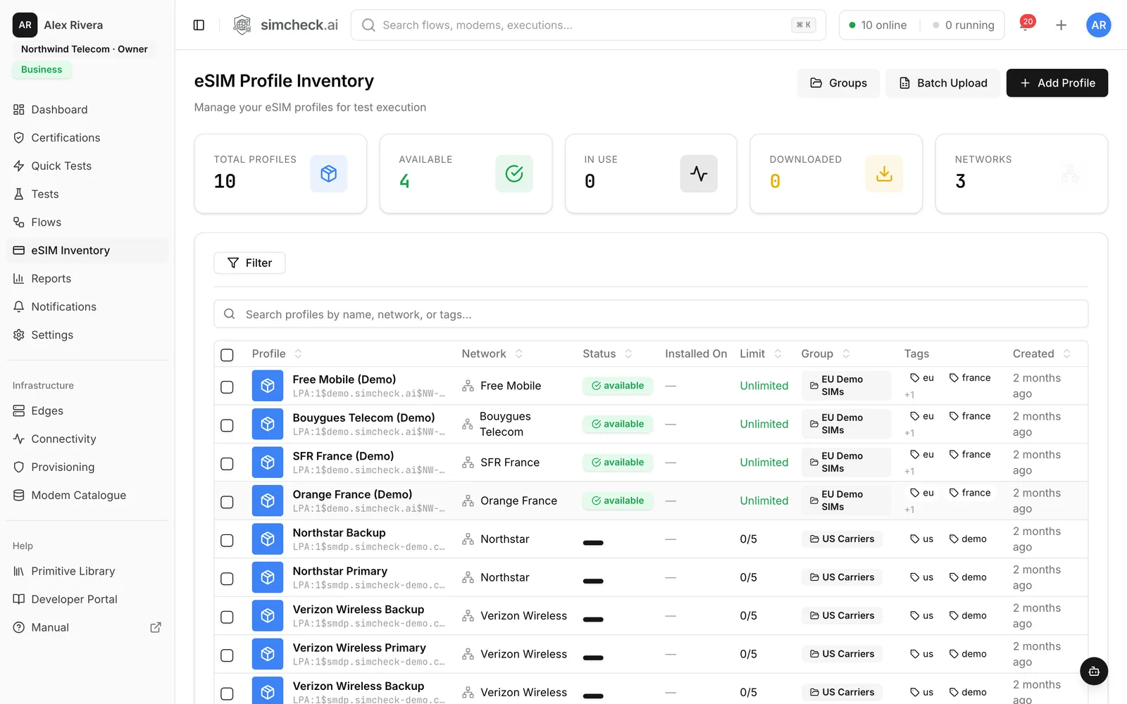 SimCheck.ai eSIM Inventory listing profiles with their network, status, the site and modem they are installed on, download limit, group and tags