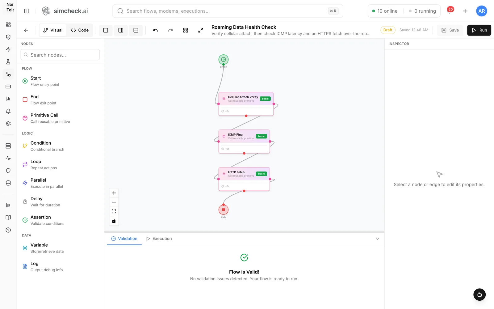 SimCheck.ai flow builder canvas showing a data scenario chained from Cellular Attach Verify through EPS Attach, DNS Query, ICMP Ping, HTTP Fetch and Speedtest nodes, with the node library on the left