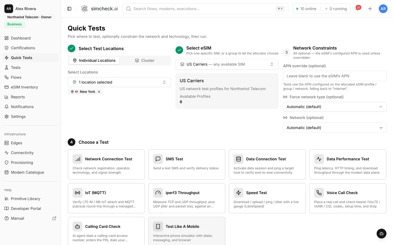 SimCheck.ai Quick Tests screen with location, eSIM and network constraints selected, and ten test cards to choose from