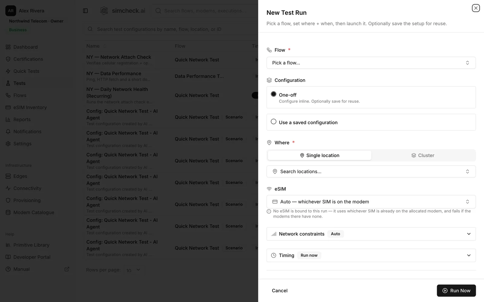 Scheduling a recurring eSIM test run to monitor networks continuously