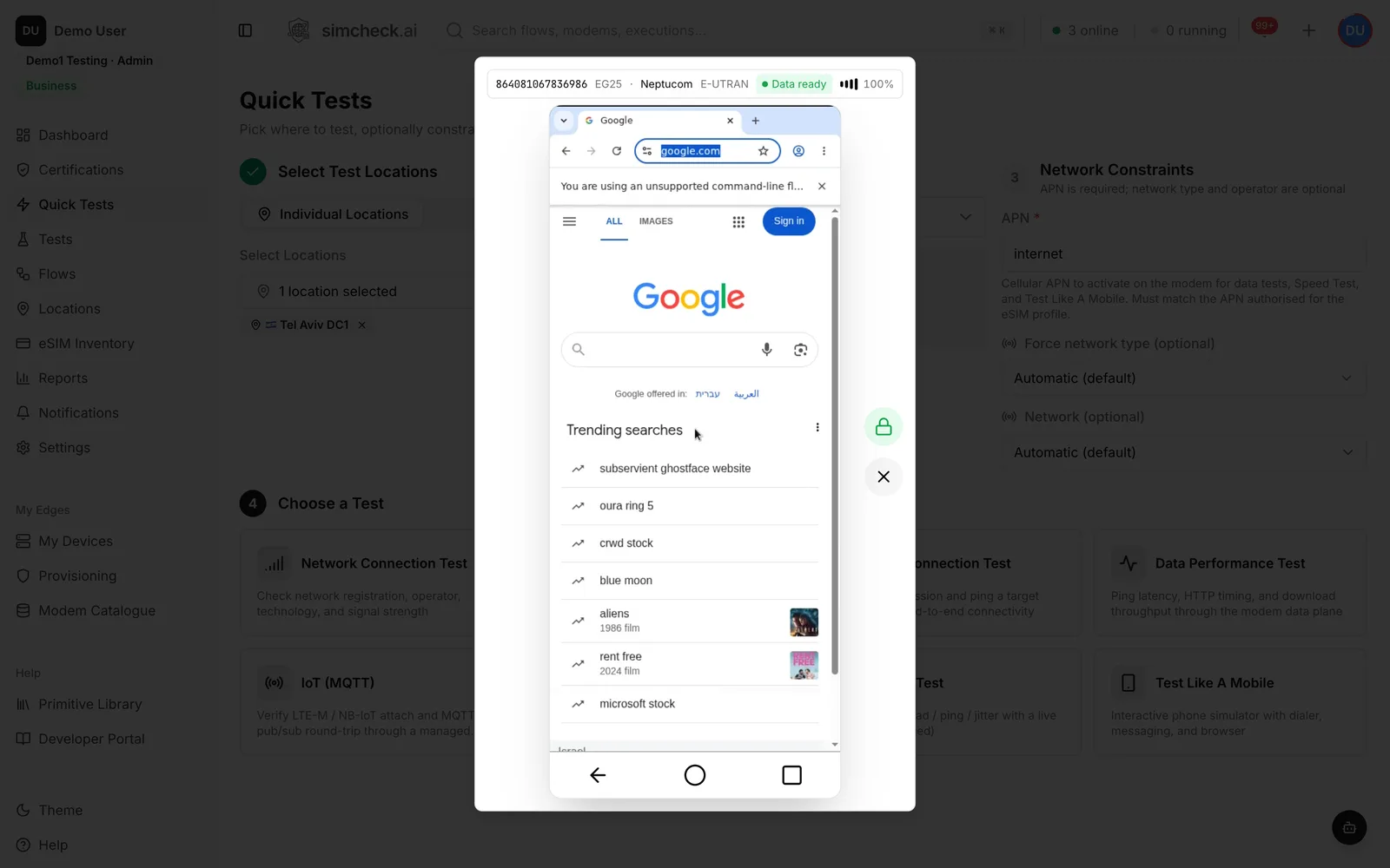 Test Like A Mobile session with a real Chromium browser loading a web page over the cellular link, and the modem, operator, technology and signal shown in the status bar