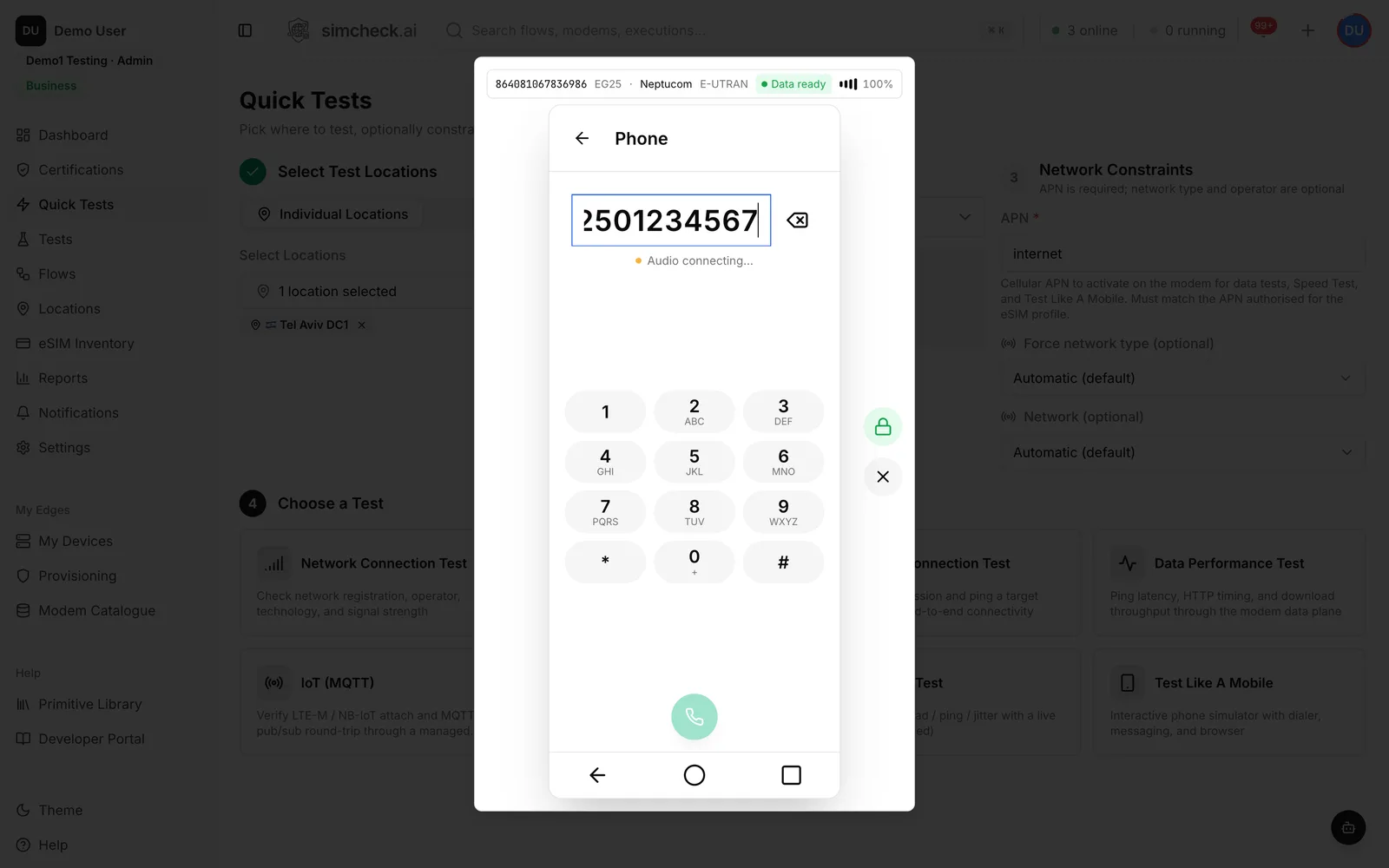 Test Like A Mobile dialer with a full keypad for placing real voice calls through the allocated modem